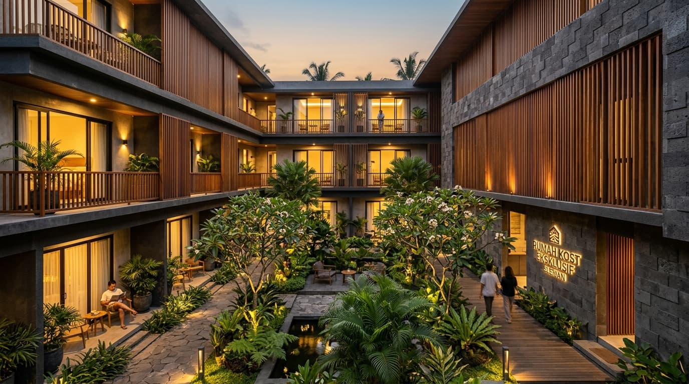 Rumah kost eksklusif dengan inner courtyard asri, kisi-kisi kayu, dan balkon kamar privat di Sleman